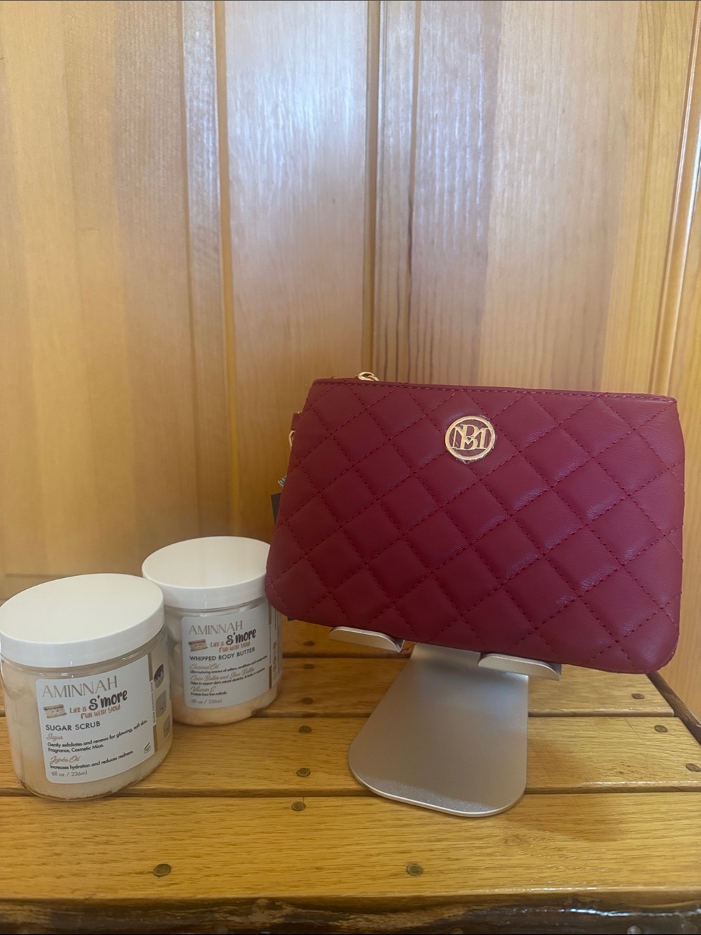 Badgley Mischka Quilted Wine Red Cosmetic Clutch with Gold Logo